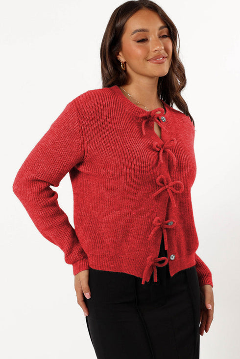 Ribbed Knit Bow Front Buttoned Cardigan
